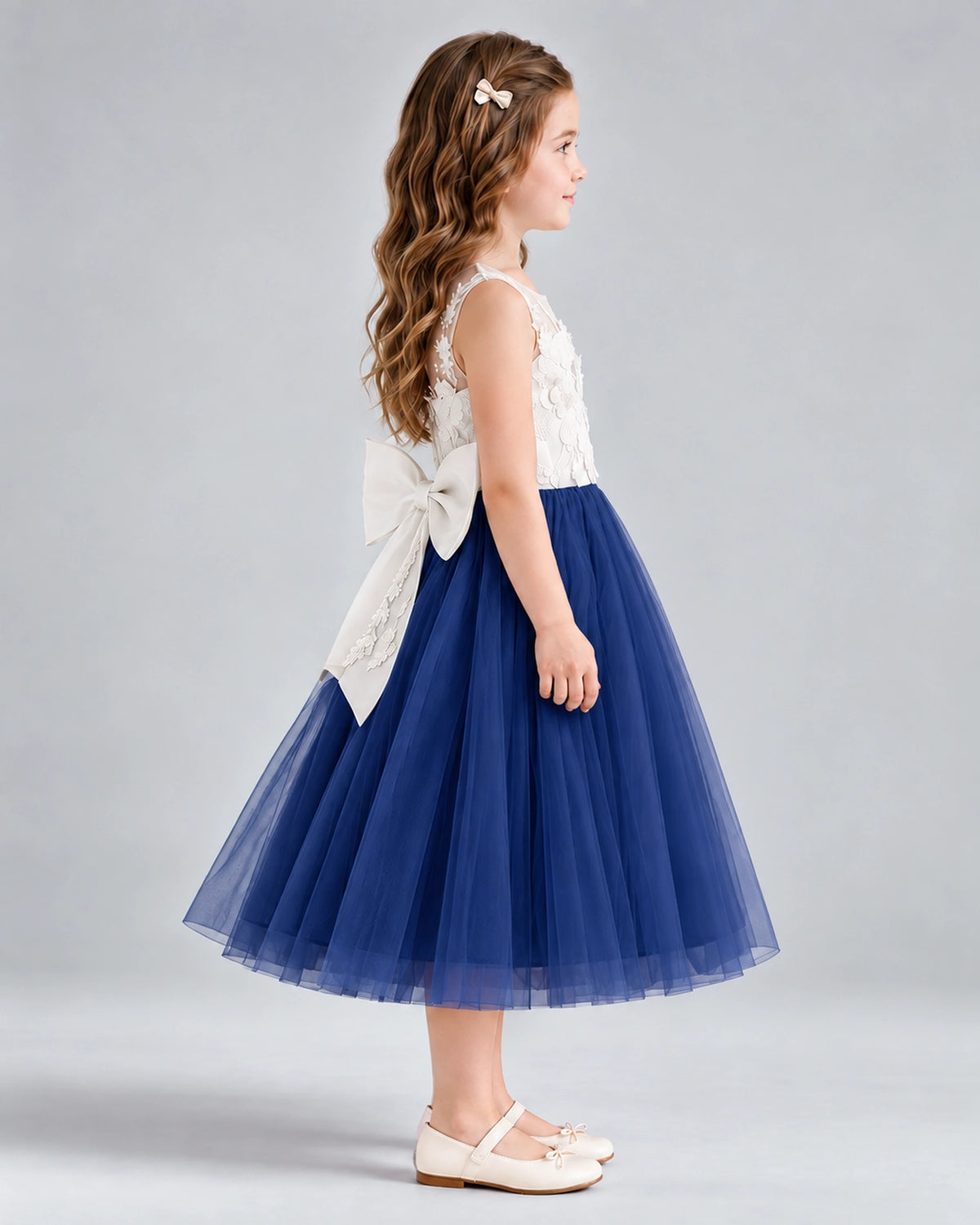 Navy Blue A-line Flower Girl Dresses Side