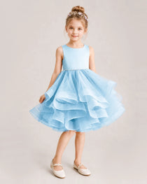 Baby Blue Flower Girl Dress Satin Bow Tiered Tulle Knee-Length Dress Front View