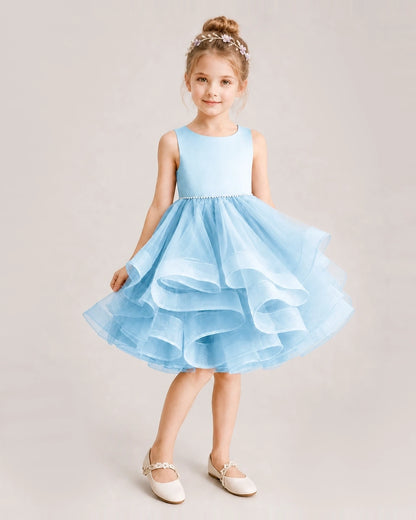 Baby Blue Flower Girl Dress Satin Bow Tiered Tulle Knee-Length Dress Front View