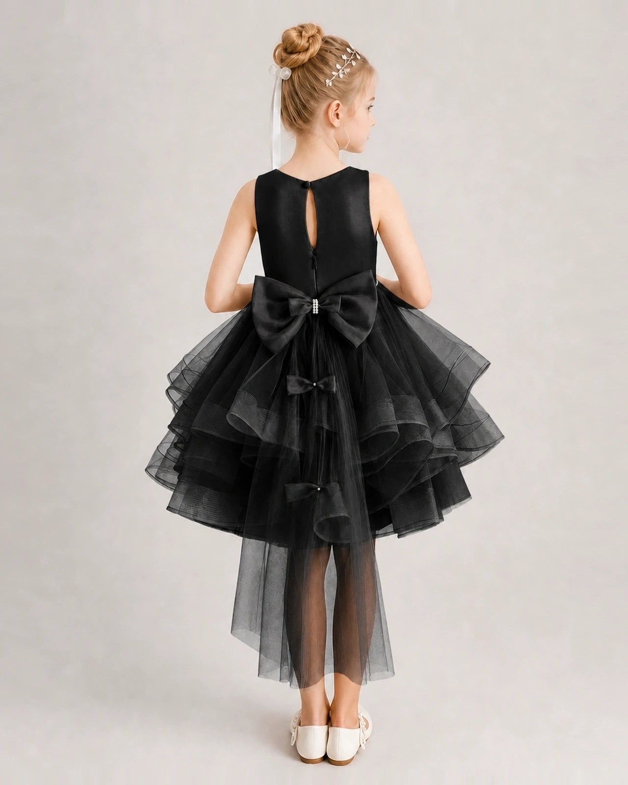 Black Flower Girl Dress Satin Bow Tiered Tulle Knee-Length Dress Back View
