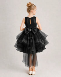 Black Flower Girl Dress Satin Bow Tiered Tulle Knee-Length Dress Back View