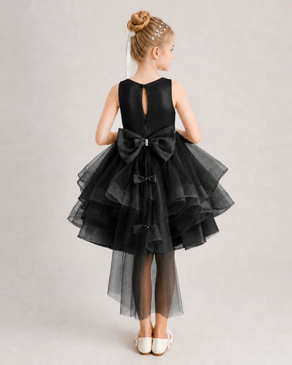Black Flower Girl Dress Satin Bow Tiered Tulle Knee-Length Dress Back View