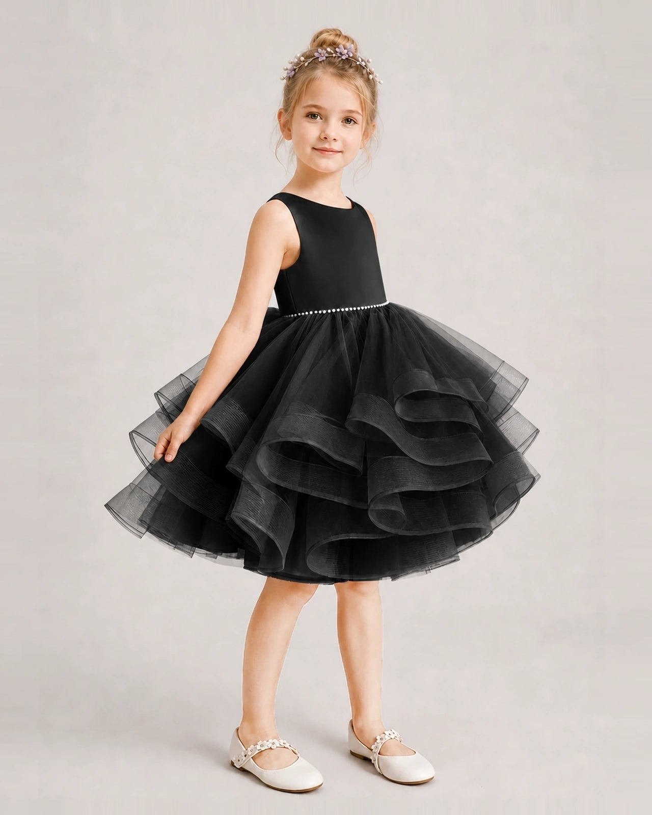 Black Flower Girl Dress Satin Bow Tiered Tulle Knee-Length Dress Side View