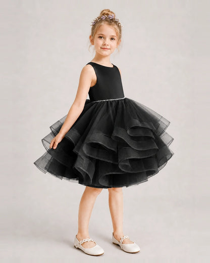 Black Flower Girl Dress Satin Bow Tiered Tulle Knee-Length Dress Side View