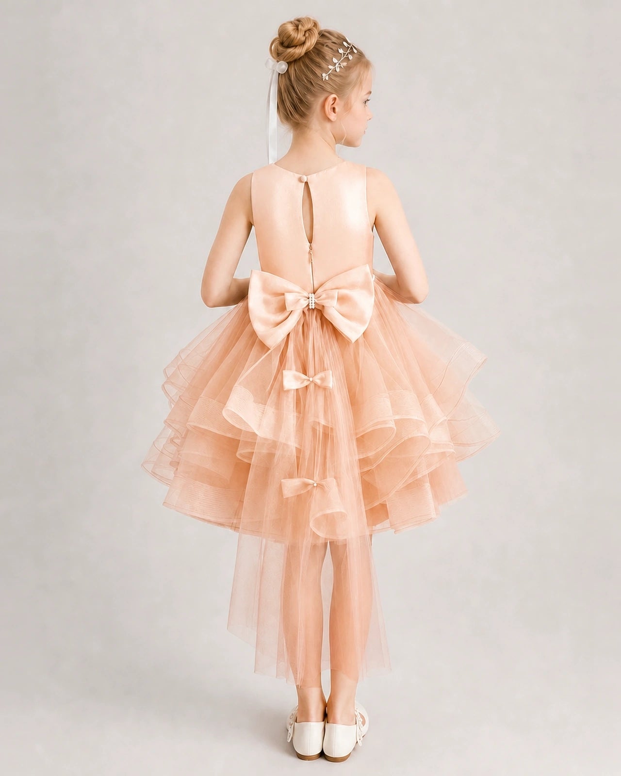 Blush Pink Flower Girl Dress Satin Bow Tiered Tulle Knee-Length Dress Back View