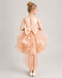 Blush Pink Flower Girl Dress Satin Bow Tiered Tulle Knee-Length Dress Back View