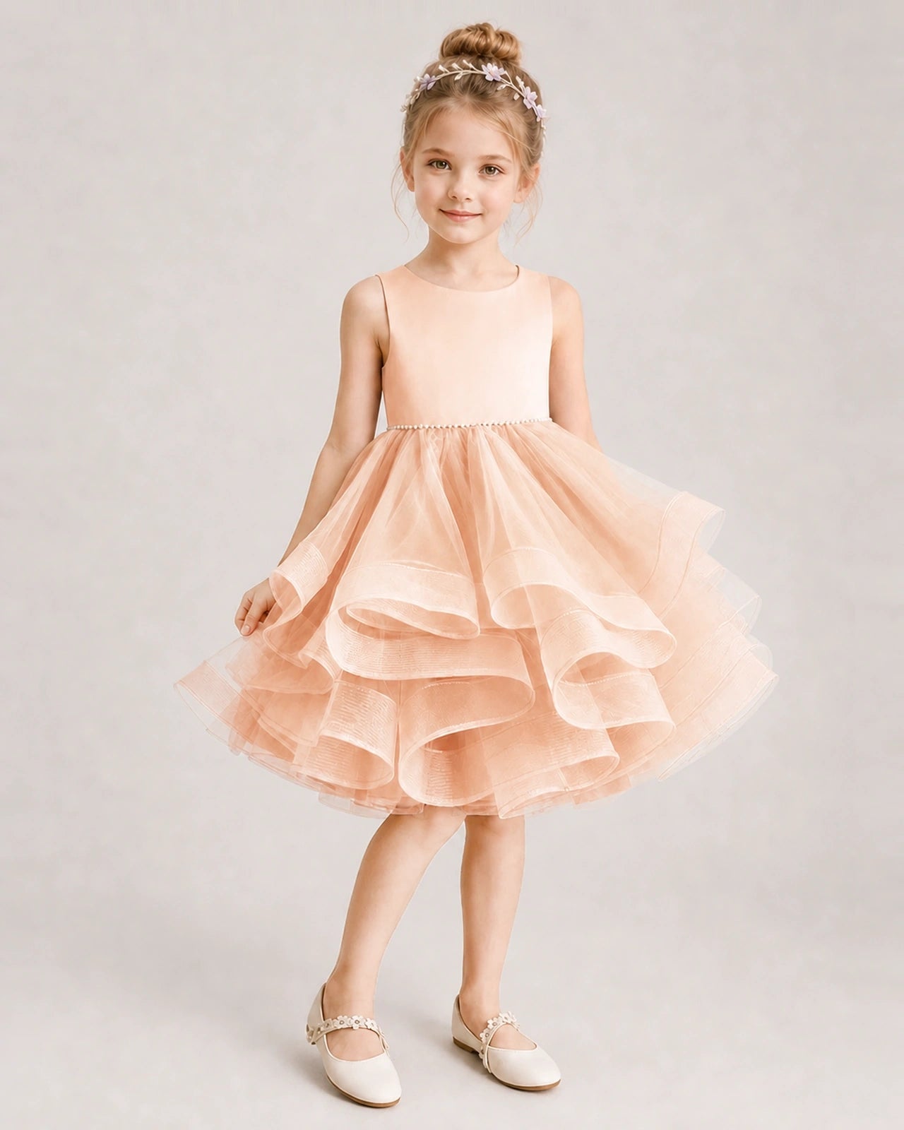 Blush Pink Flower Girl Dress Satin Bow Tiered Tulle Knee-Length Dress Front View
