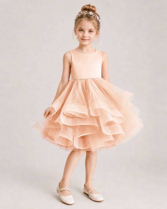 Blush Pink Tulle A-line Girls Formal Dress Front View