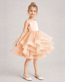 Blush Pink Flower Girl Dress Satin Bow Tiered Tulle Knee-Length Dress Side View