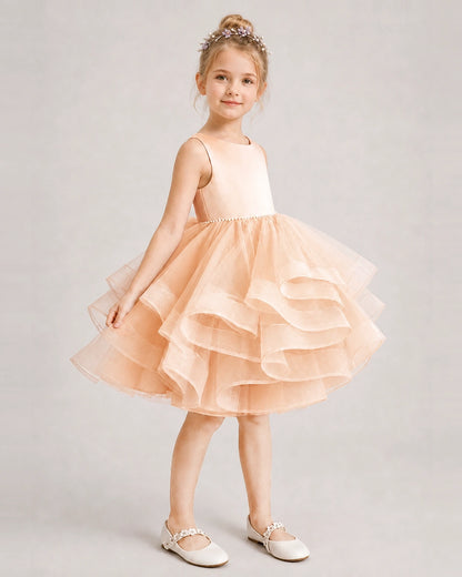 Blush Pink Flower Girl Dress Satin Bow Tiered Tulle Knee-Length Dress Side View