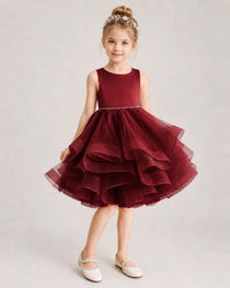 Burgundy Flower Girl Dress Satin Bow Tiered Tulle Knee-Length Dress Front View