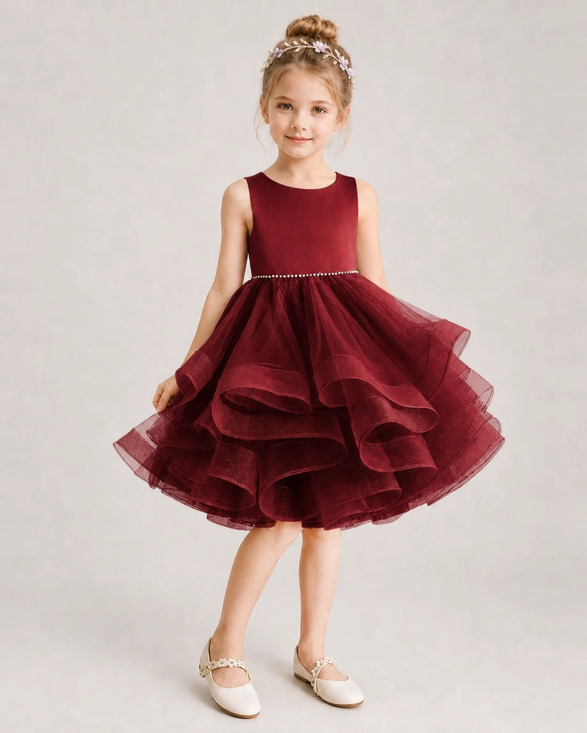 Burgundy Tulle Ball Gown Girls Formal Dress Front View