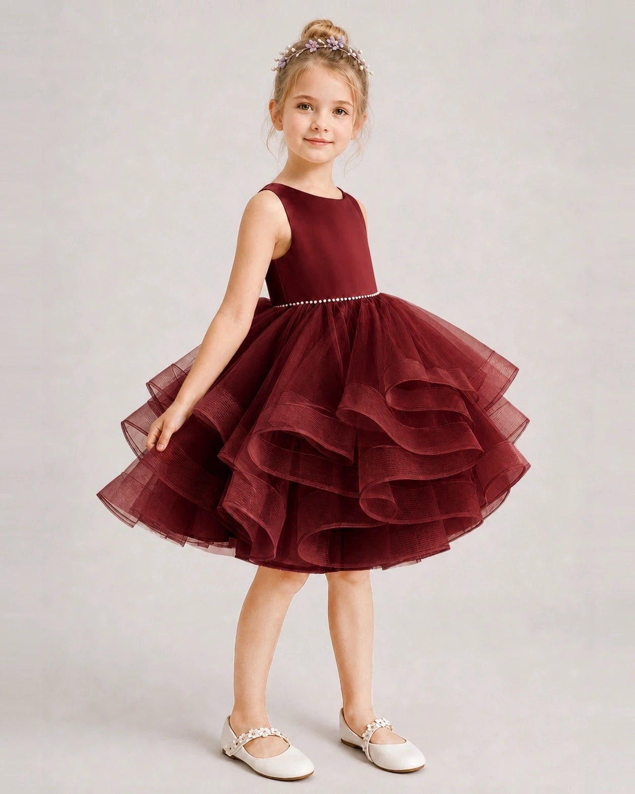 Burgundy Flower Girl Dress Satin Bow Tiered Tulle Knee-Length Dress Side View