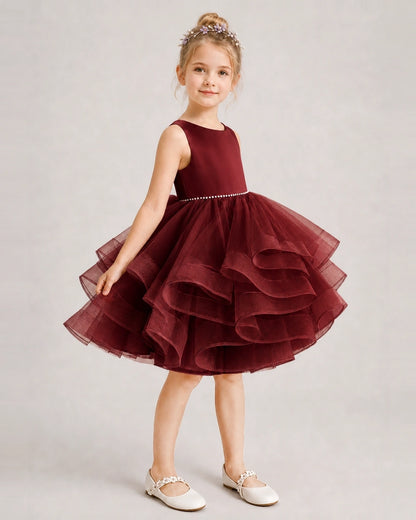 Burgundy Flower Girl Dress Satin Bow Tiered Tulle Knee-Length Dress Side View