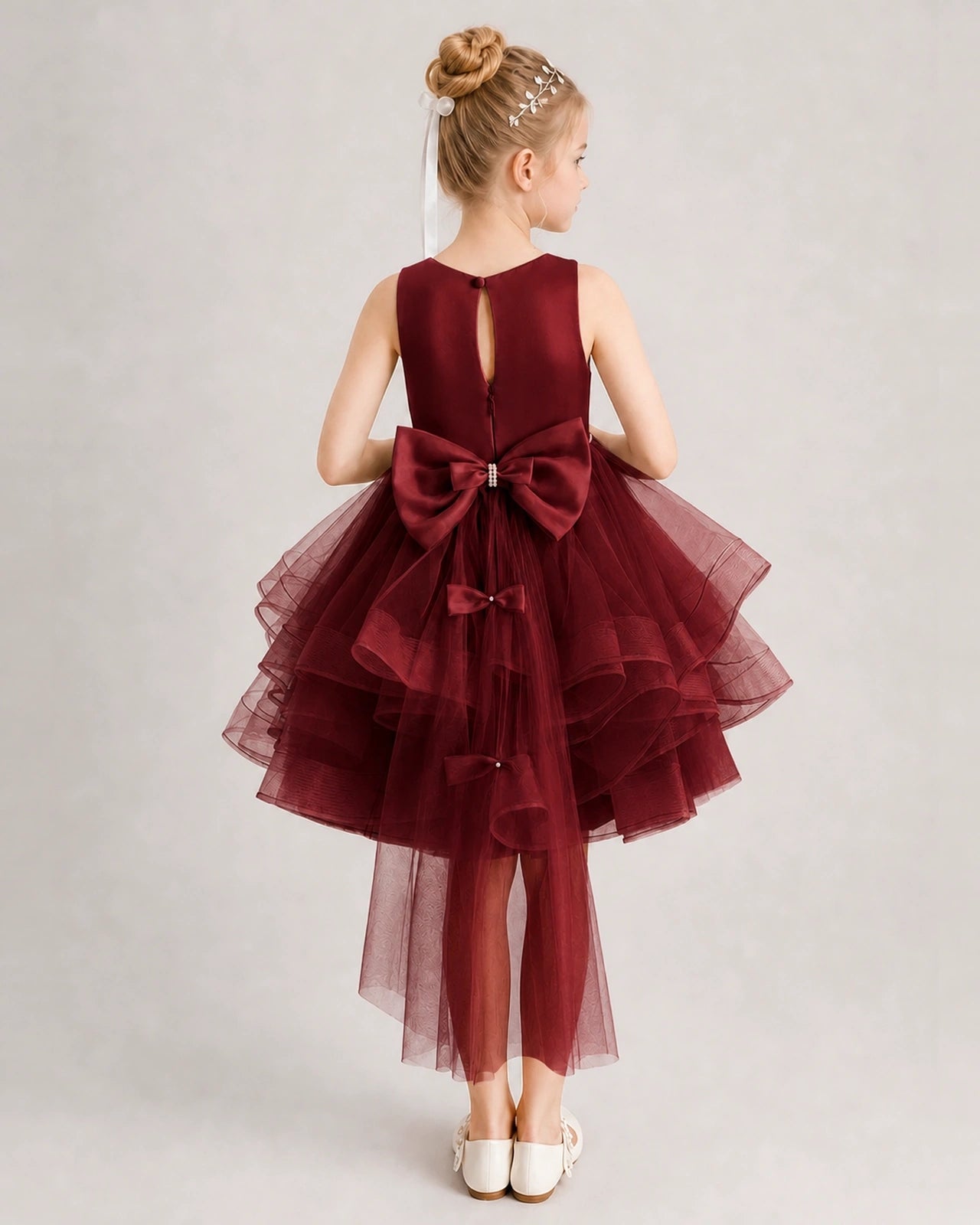 Burgundy Flower Girl Dress Satin Bow Tiered Tulle Knee-Length Dress Back View