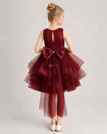 Burgundy Flower Girl Dress Satin Bow Tiered Tulle Knee-Length Dress Back View