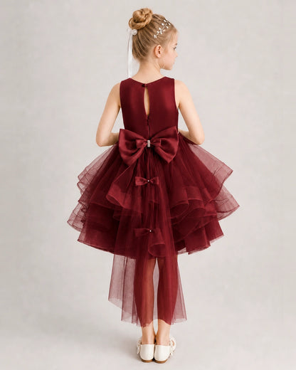 Burgundy Flower Girl Dress Satin Bow Tiered Tulle Knee-Length Dress Back View