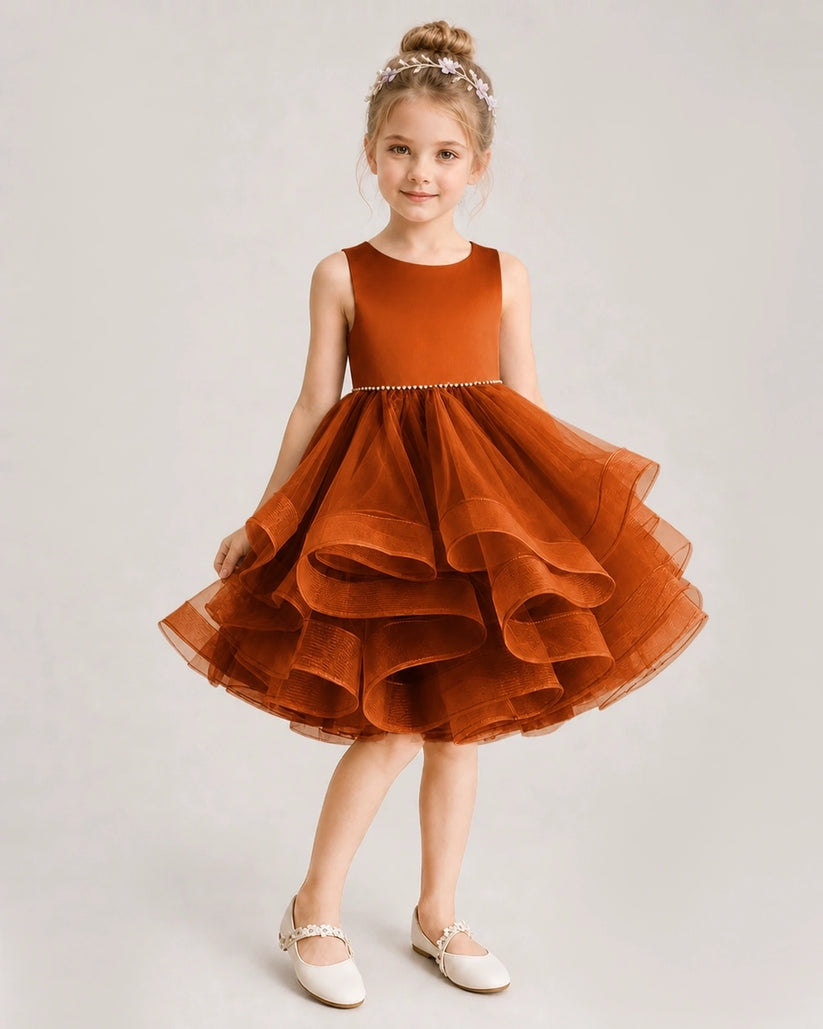 Burnt Orange Tulle A-line Girls Formal Dress Front View