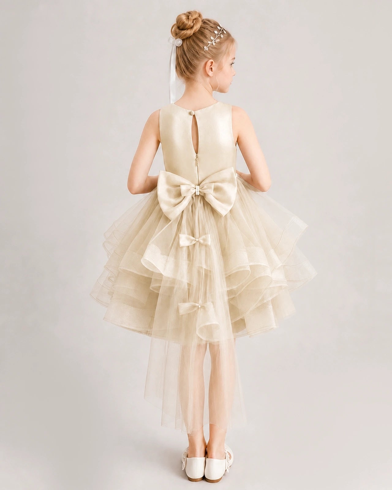 Champagne Flower Girl Dress Satin Bow Tiered Tulle Knee-Length Dress Back View
