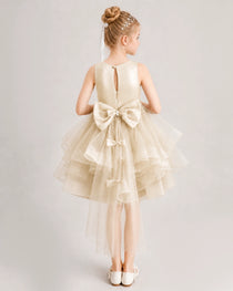 Champagne Flower Girl Dress Satin Bow Tiered Tulle Knee-Length Dress Back View