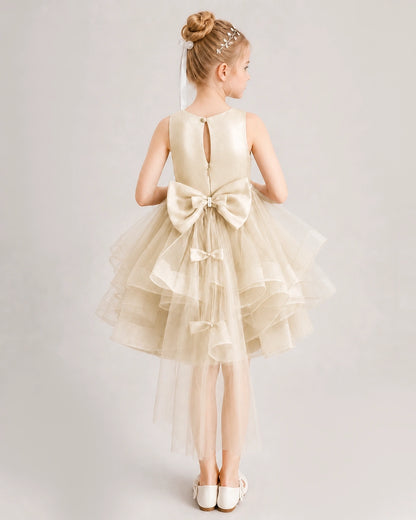 Champagne Flower Girl Dress Satin Bow Tiered Tulle Knee-Length Dress Back View