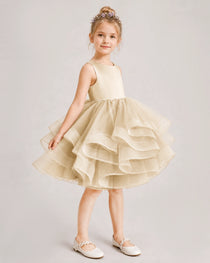Champagne Flower Girl Dress Satin Bow Tiered Tulle Knee-Length Dress Side View