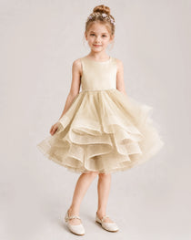 Champagne Flower Girl Dress Satin Bow Tiered Tulle Knee-Length Dress Front View