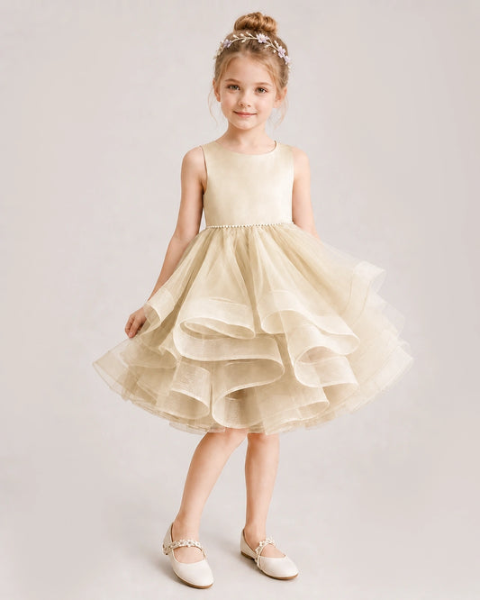 Champagne Tulle Ball Gown Girls Formal Dress Front View