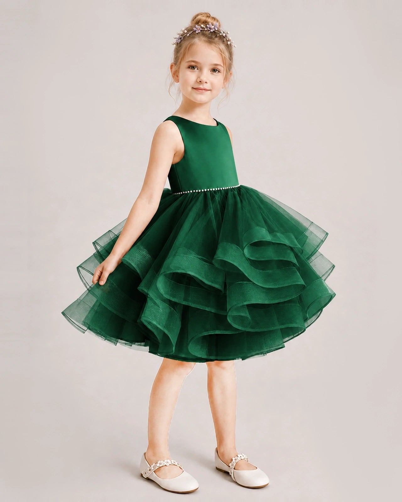 Dark Green Flower Girl Dress Satin Bow Tiered Tulle Knee-Length Dress Side View