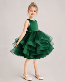 Dark Green Flower Girl Dress Satin Bow Tiered Tulle Knee-Length Dress Side View