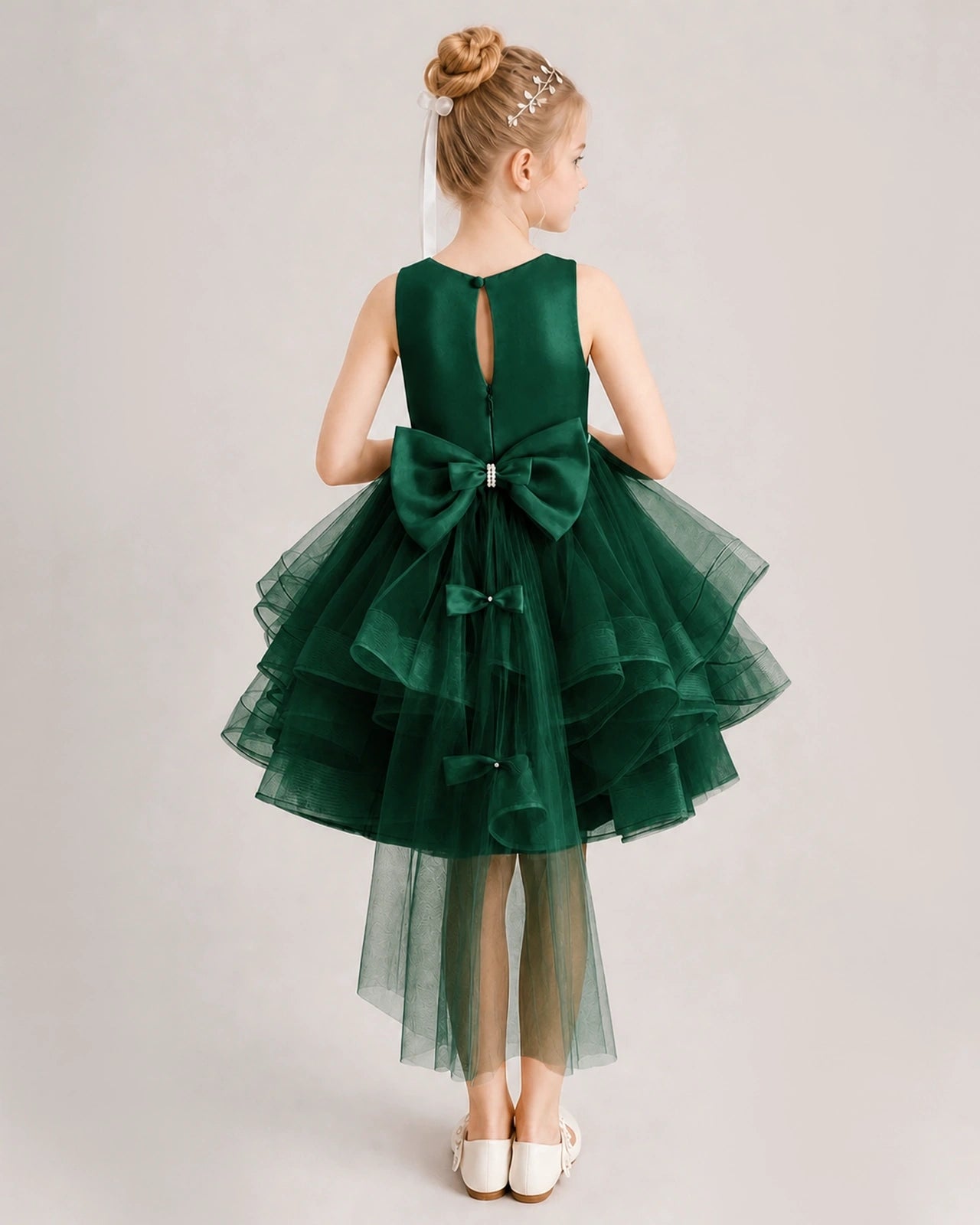 Dark Green Flower Girl Dress Satin Bow Tiered Tulle Knee-Length Dress Back View