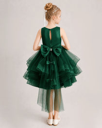 Dark Green Flower Girl Dress Satin Bow Tiered Tulle Knee-Length Dress Back View
