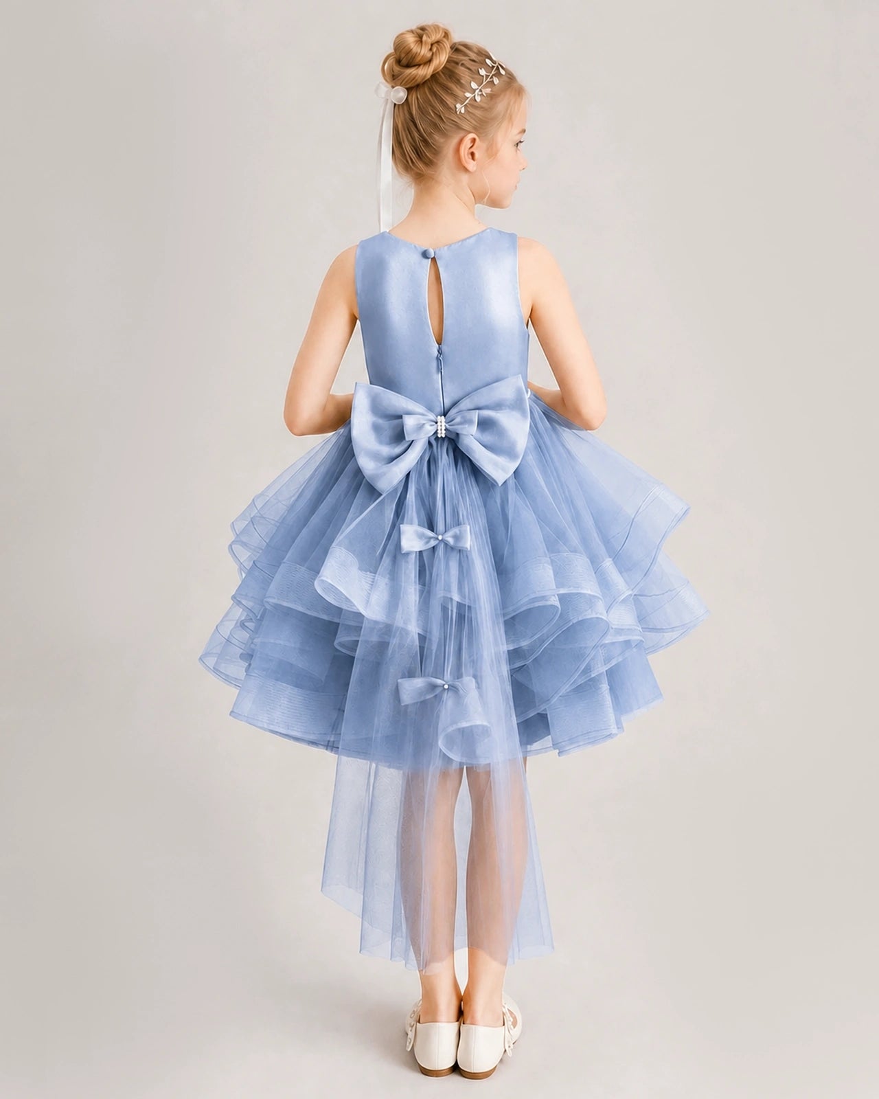 Dusty Blue Flower Girl Dress Satin Bow Tiered Tulle Knee-Length Dress Back View