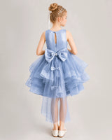 Dusty Blue Tulle A-line Girls Formal Dress Back View