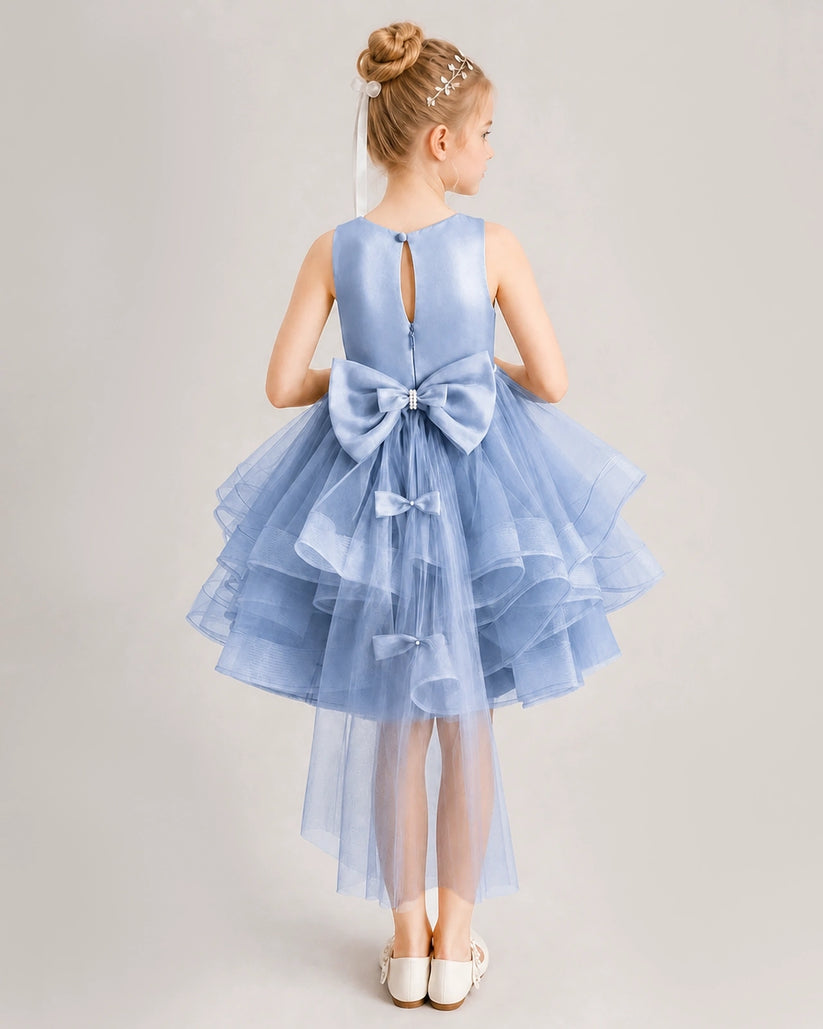 Dusty Blue Tulle A-line Girls Formal Dress Back View
