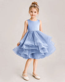 Dusty Blue Flower Girl Dress Satin Bow Tiered Tulle Knee-Length Dress Front View