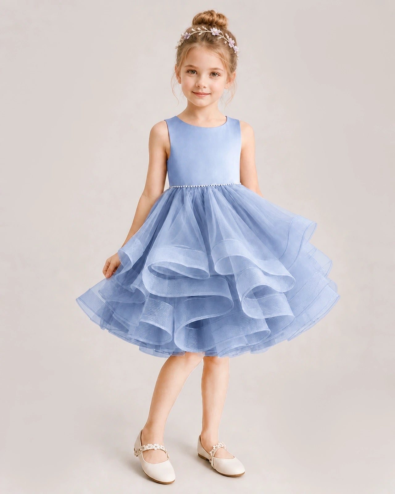 Dusty Blue Flower Girl Dress Satin Bow Tiered Tulle Knee-Length Dress Front View