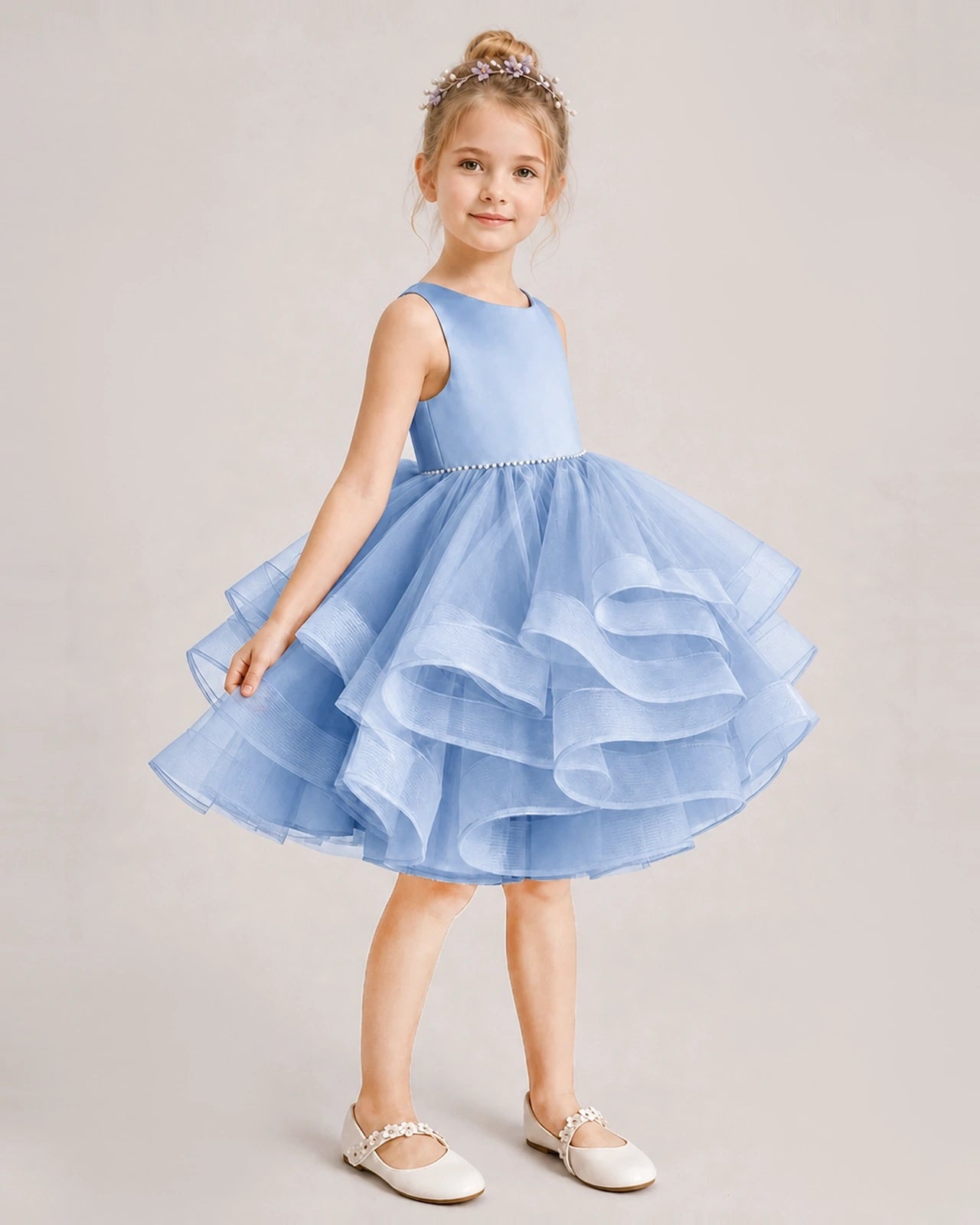 Dusty Blue Flower Girl Dress Satin Bow Tiered Tulle Knee-Length Dress Side View