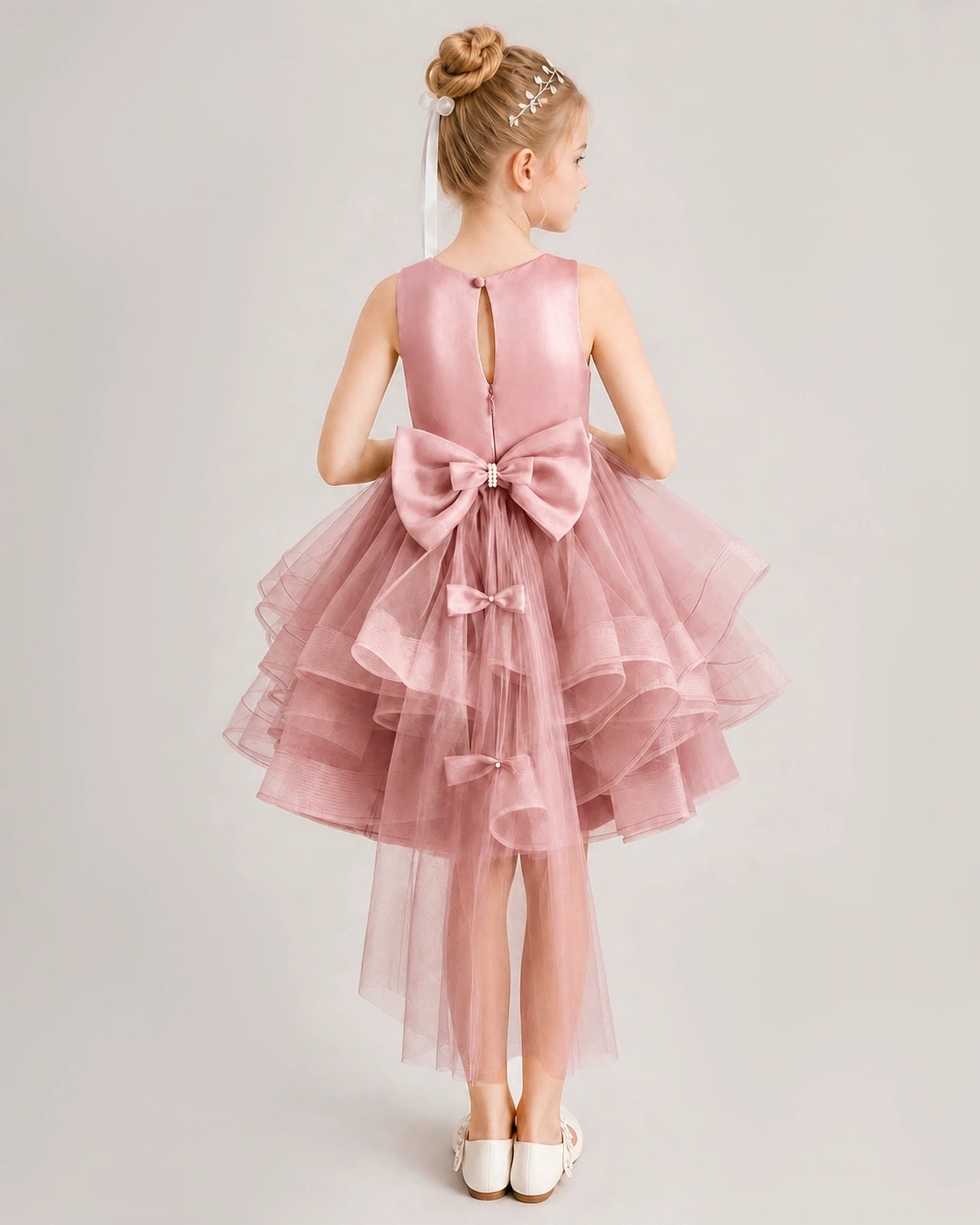 Dusty Rose Flower Girl Dress Satin Bow Tiered Tulle Knee-Length Dress Back View