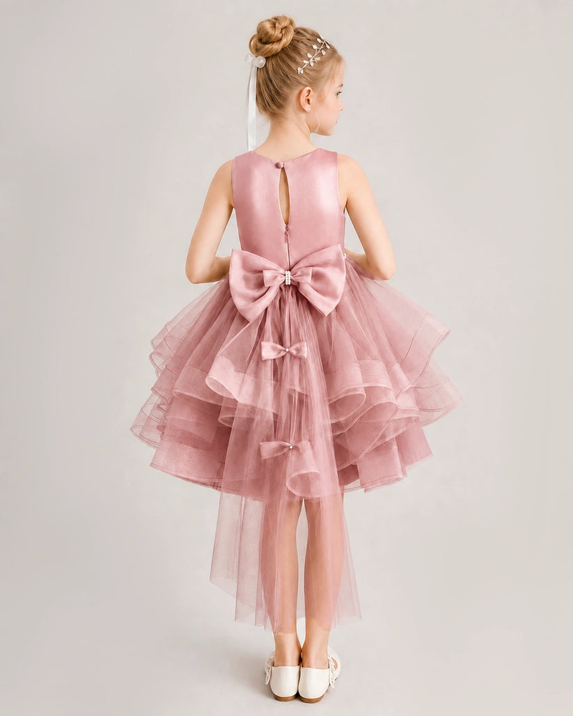 Dusty Rose Tulle A-line Girls Formal Dress Back View