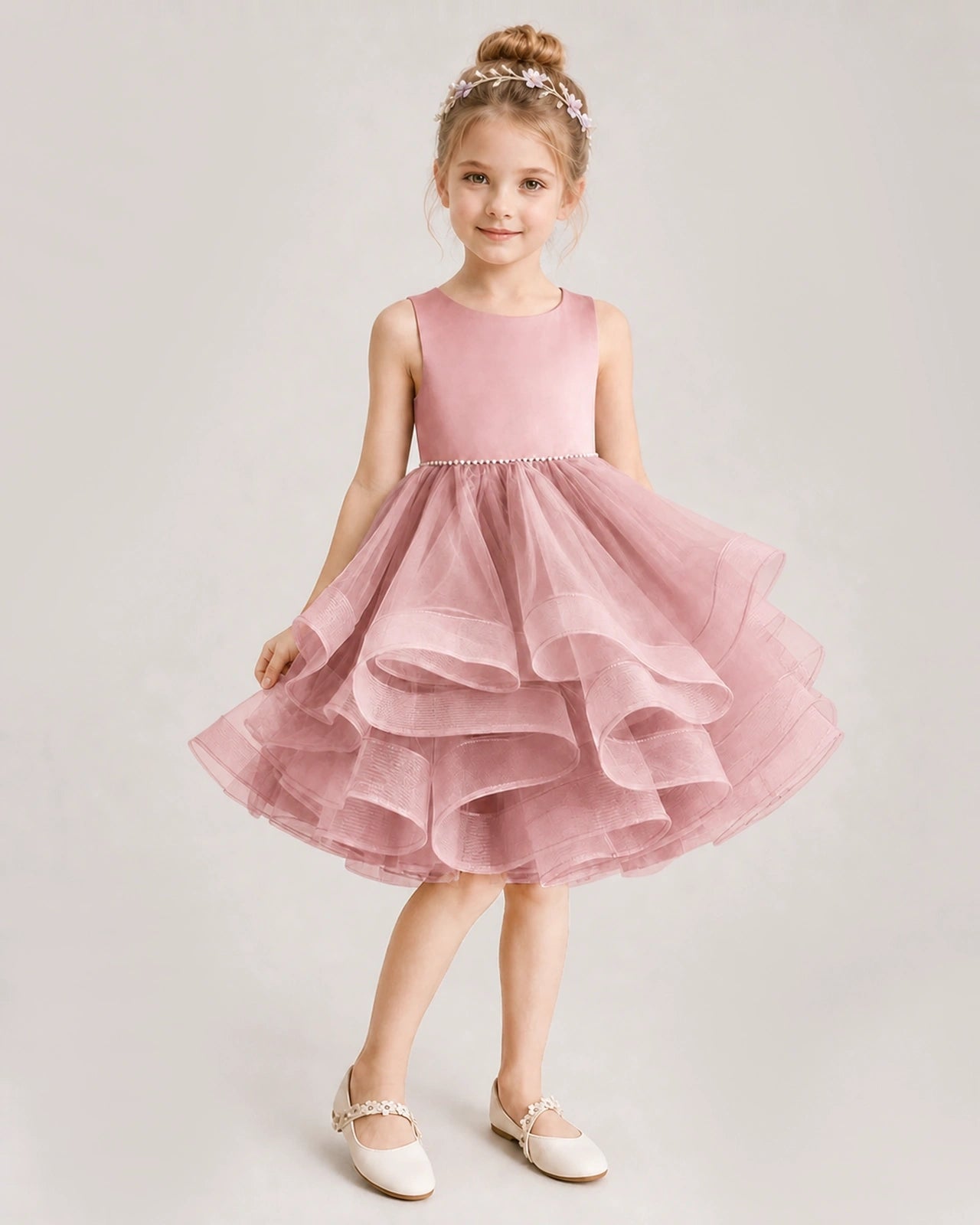 Dusty Rose Flower Girl Dress Satin Bow Tiered Tulle Knee-Length Dress Front View