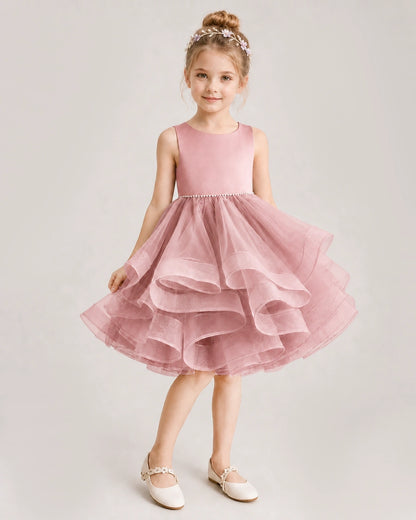 Dusty Rose Flower Girl Dress Satin Bow Tiered Tulle Knee-Length Dress Front View