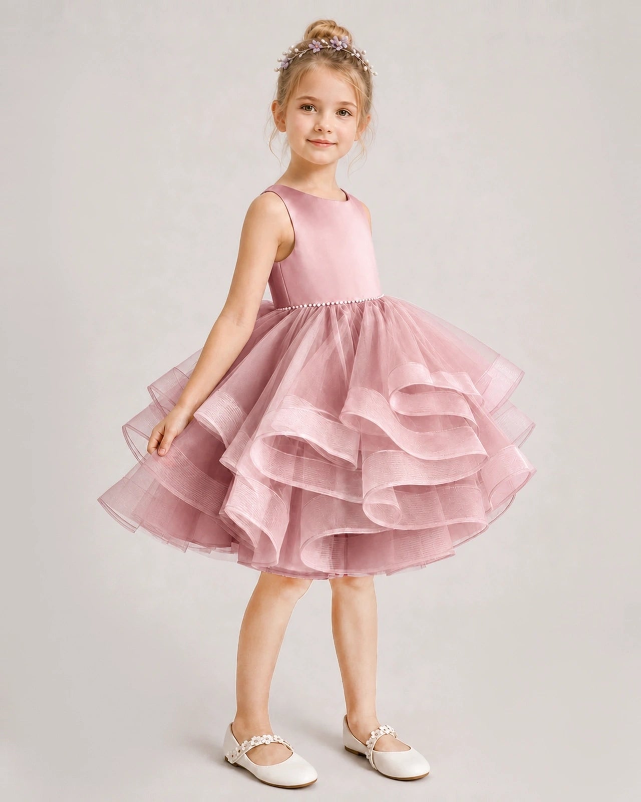 Dusty Rose Flower Girl Dress Satin Bow Tiered Tulle Knee-Length Dress Side View