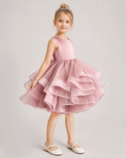 Dusty Rose Flower Girl Dress Satin Bow Tiered Tulle Knee-Length Dress Side View
