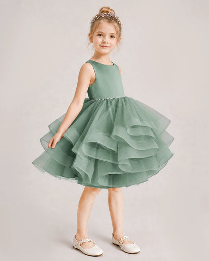 Eucalyptus Flower Girl Dress Satin Bow Tiered Tulle Knee-Length Dress Front View