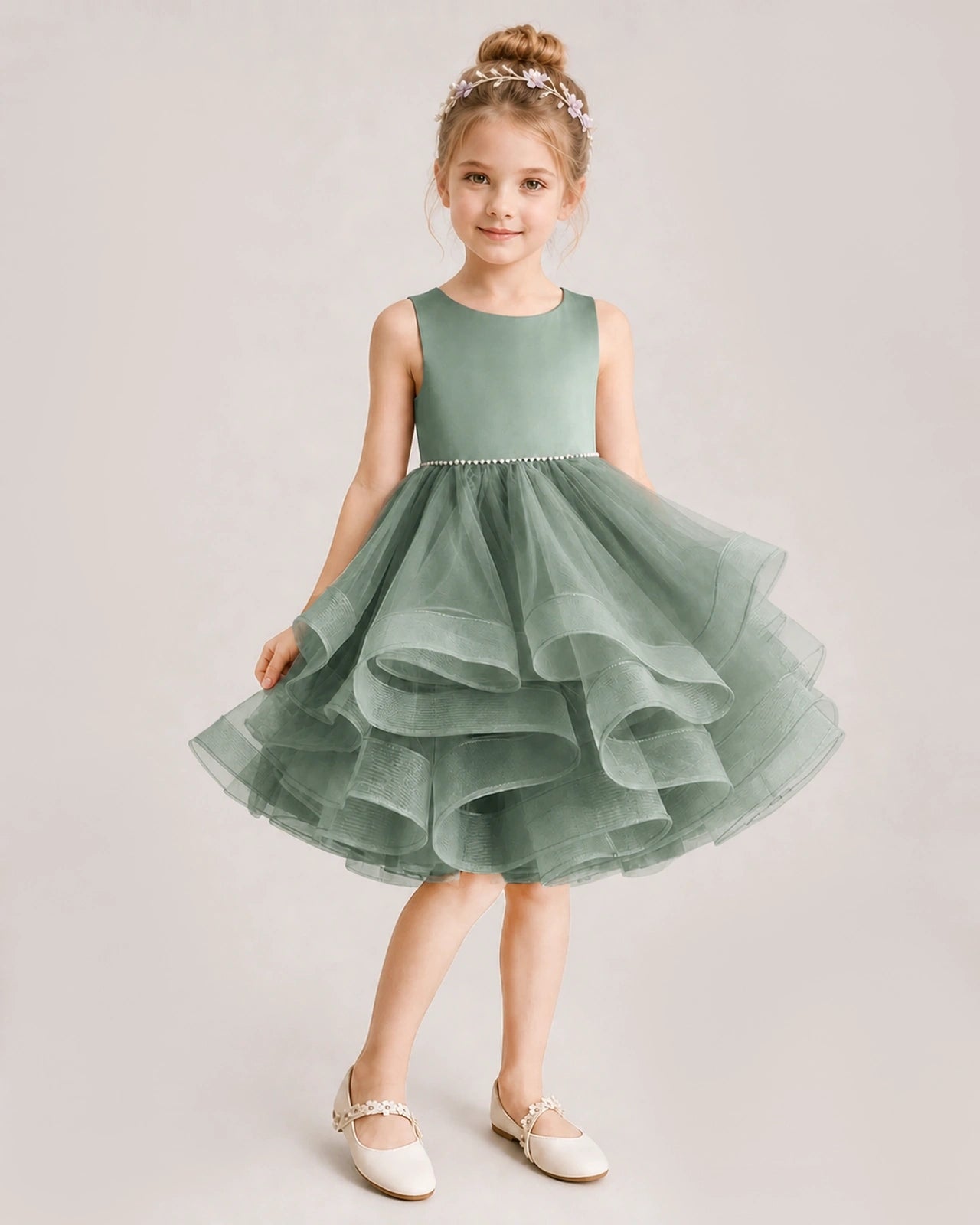 Eucalyptus Flower Girl Dress Satin Bow Tiered Tulle Knee-Length Dress Side View