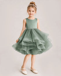 Eucalyptus Flower Girl Dress Satin Bow Tiered Tulle Knee-Length Dress Side View