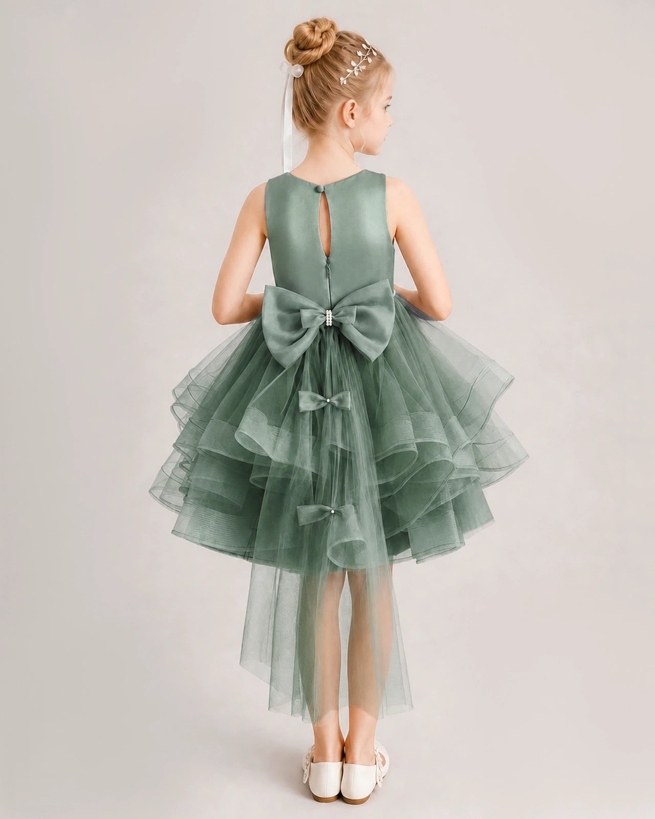 Eucalyptus Flower Girl Dress Satin Bow Tiered Tulle Knee-Length Dress Back View