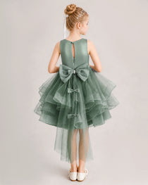 Eucalyptus Flower Girl Dress Satin Bow Tiered Tulle Knee-Length Dress Back View