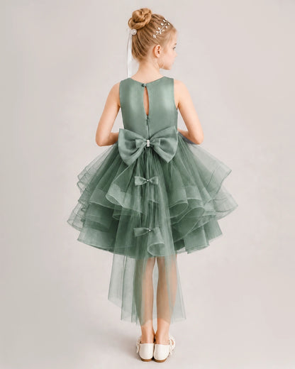 Eucalyptus Flower Girl Dress Satin Bow Tiered Tulle Knee-Length Dress Back View